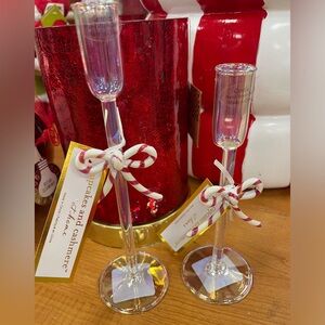 Christmas Candy Cane Bow Glass Taper Candle Holders Set of 2 NWT